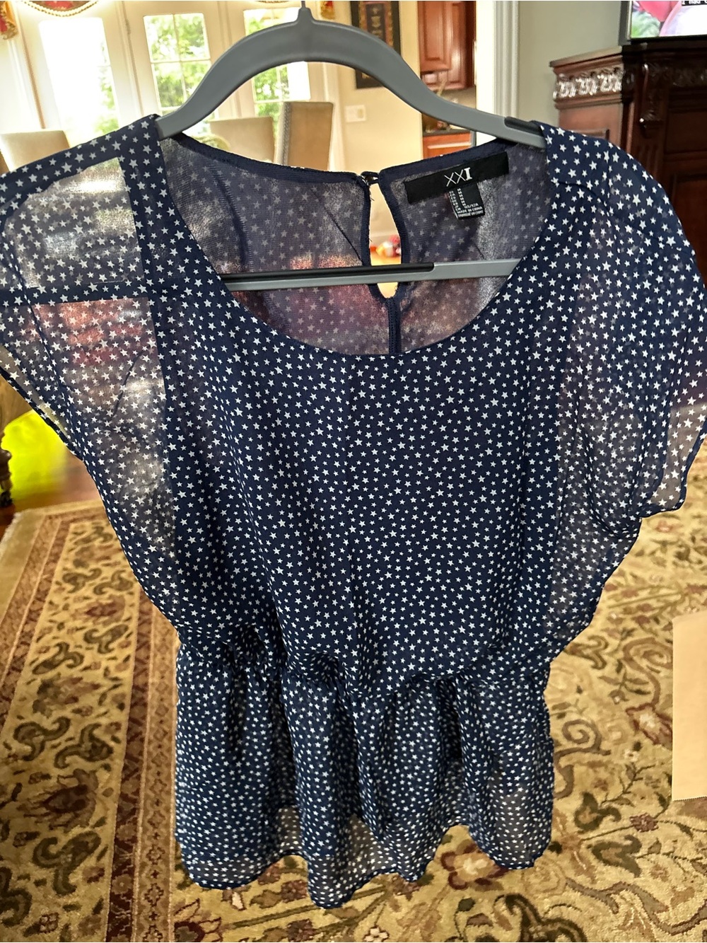 Navy Blue Star Print Sheer Blouse